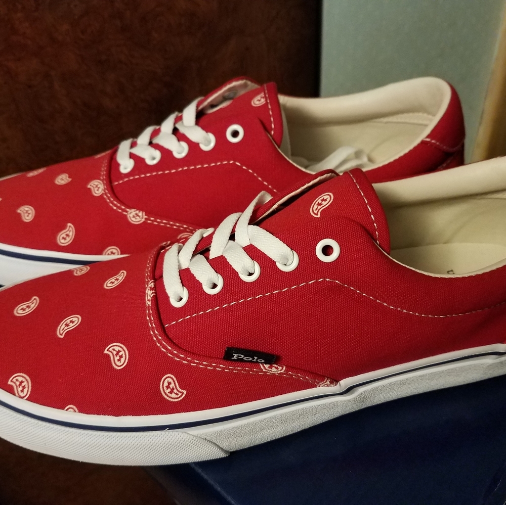 Polo Thornton Recycled Canvas Sneakers, Mens size 10.5, Red & white